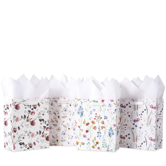 Loveinside Medium Size Gift Bags, Colorful Flower Pattern Gift Bag with Tissue Paper for Shopping, Parties, Wedding, Baby Shower, Craft-4 Pack, 7" X 4" X 9"