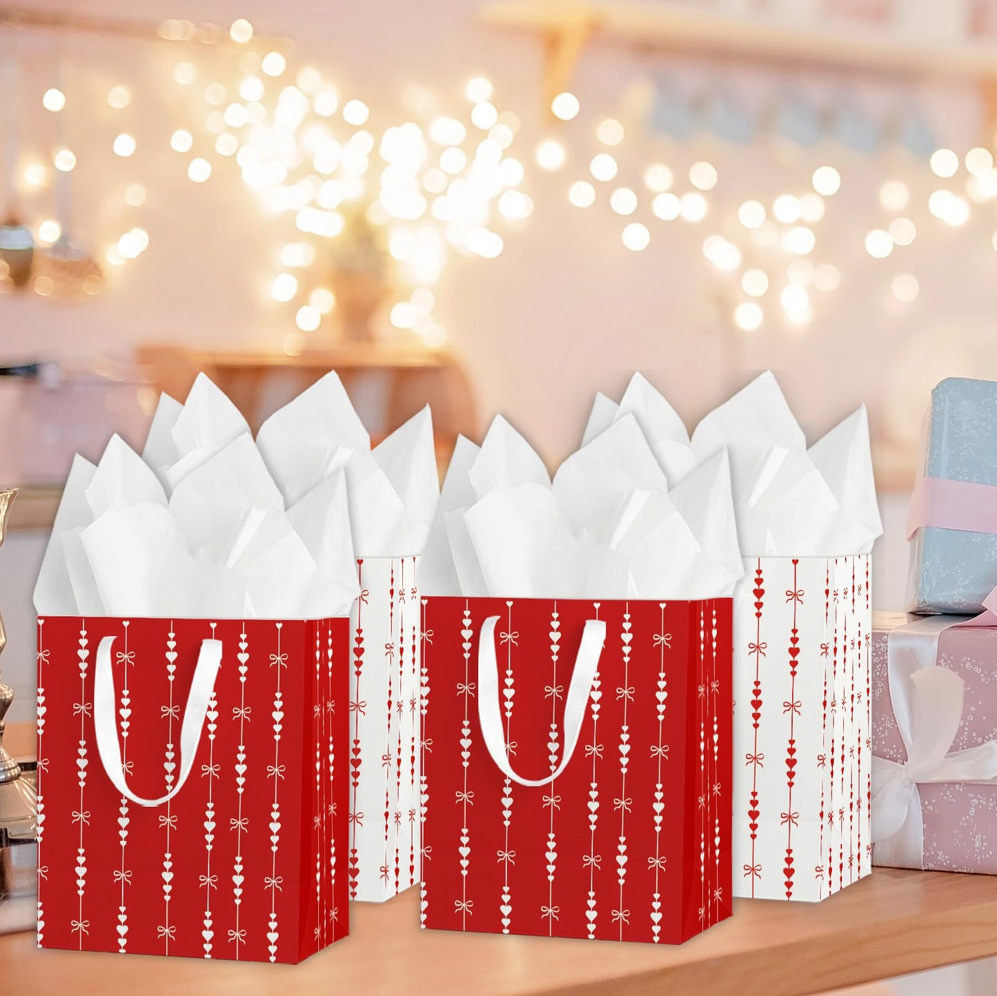 wjrsxilt Valentine's Day Gift Bags Set of 6 - Medium Sized 9" Red Hearts Bags with Handles incl. Matching Tissue Paper - Reusable & For Presents of Any Birthday, Weddings, Valentine's Day