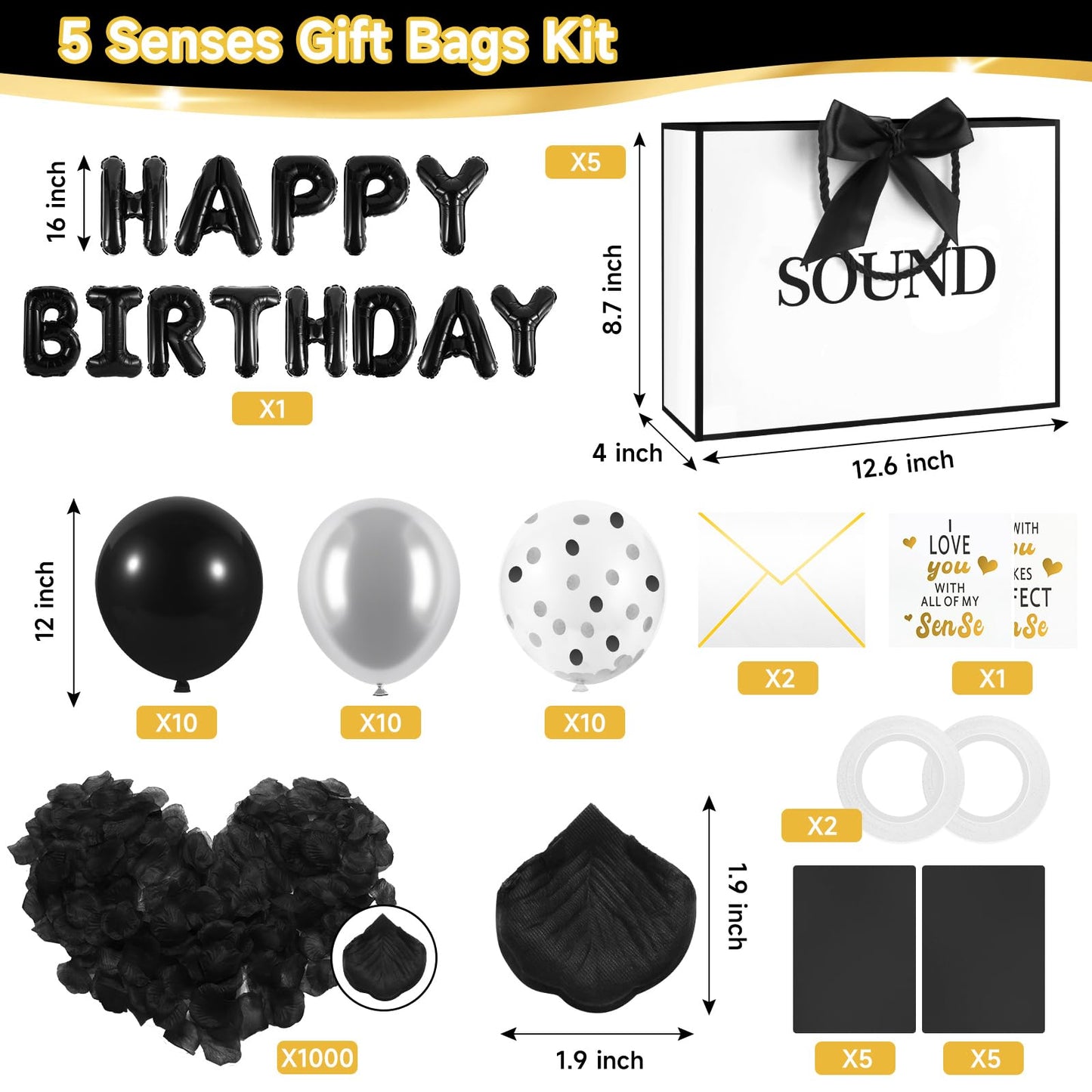 Epoesch 5 Senses Gift Bags for Him with Labels, Tissue Paper & Bow Ribbon | Happy Birthday Decorations Kit with Banner,Balloons, Rose Petals, Envelope, Card for Men, Women and Her (White with black trim)