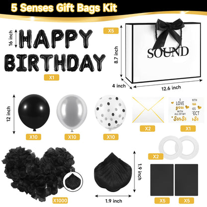 Epoesch 5 Senses Gift Bags for Him with Labels, Tissue Paper & Bow Ribbon | Happy Birthday Decorations Kit with Banner,Balloons, Rose Petals, Envelope, Card for Men, Women and Her (White with black trim)