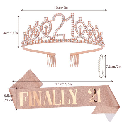 CAVETEE Rose Gold 21st Birthday Sash and Crown Set - Women's Birthday Queen Tiara and Sash