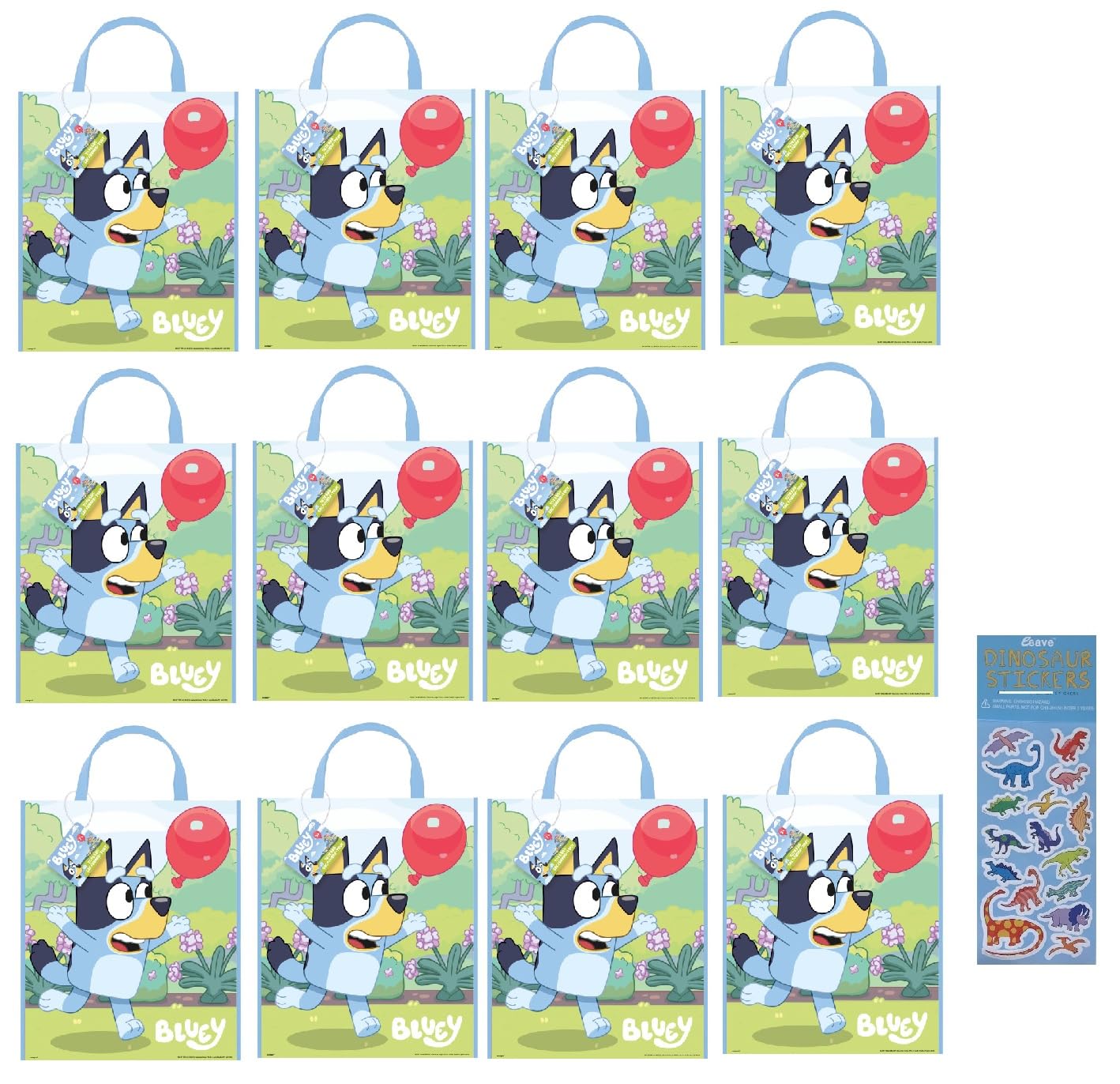 Unique Bluey Birthday Party Supplies Bundle includes 12 Large Plastic Party Tote Bags and 1 Dinosaur Sticker Sheet