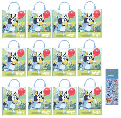 Unique Bluey Birthday Party Supplies Bundle includes 12 Large Plastic Party Tote Bags and 1 Dinosaur Sticker Sheet