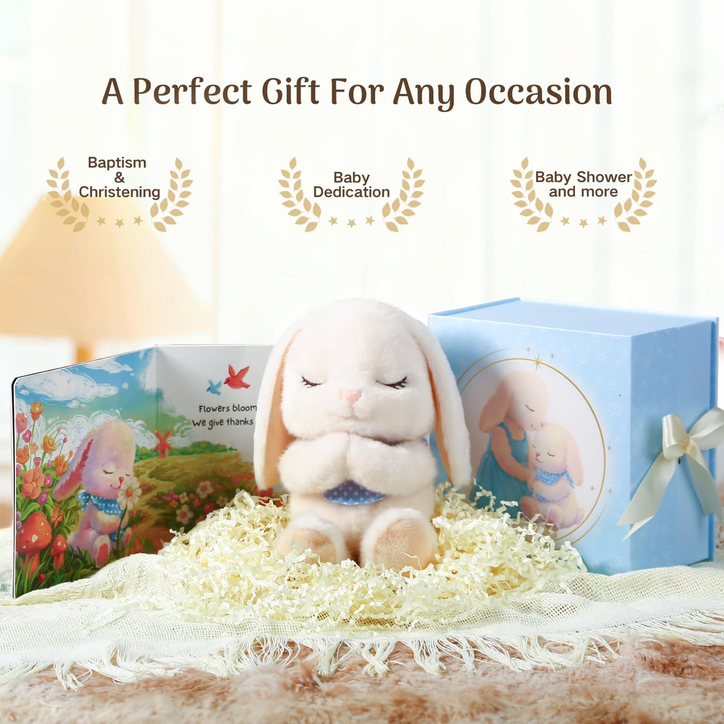Baptism Gifts for Boys, Catholic Christening, Baby Dedication & Baptismal Gift Set for Baby Boys & Kids, with 9" Musical Praying Bunny Plush Toy & Everybunnies' Blessing Book in Keepsake Box