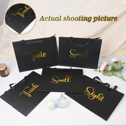 Nimbbex 13'' Large 5 Senses Gift Bags for Him Her with Labels Envelopes and Cards, Gold Foil Five Senses Gift Bags with Tissue Handle for Birthday, Anniversary, Mother's Day, Valentine's Day (Black)