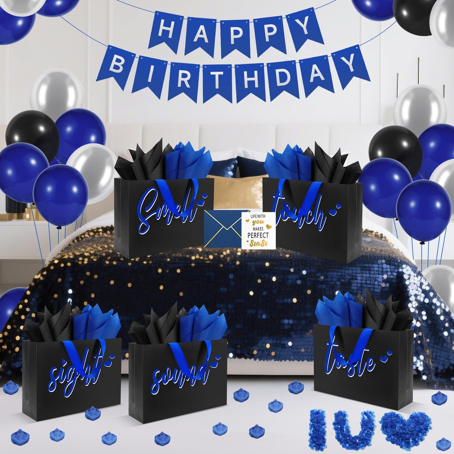 Epoesch 5 Senses Gift Bags for Him with Labels & Tissue Paper | Happy Birthday Decorations Kit with Banner, Balloons, Rose Petals, Envelope, Card for Men, Boyfriend, Husband(Black - Blue lettering)