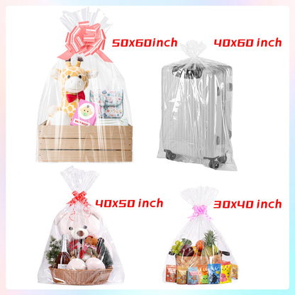 woric 6PCS Jumbo Huge Cellophane Gift Bags 50x60 Inch Extra Large Cellophane Wrap for Bathtub Baby Shower Birthday Graduation Gifts Baskets Stuffers