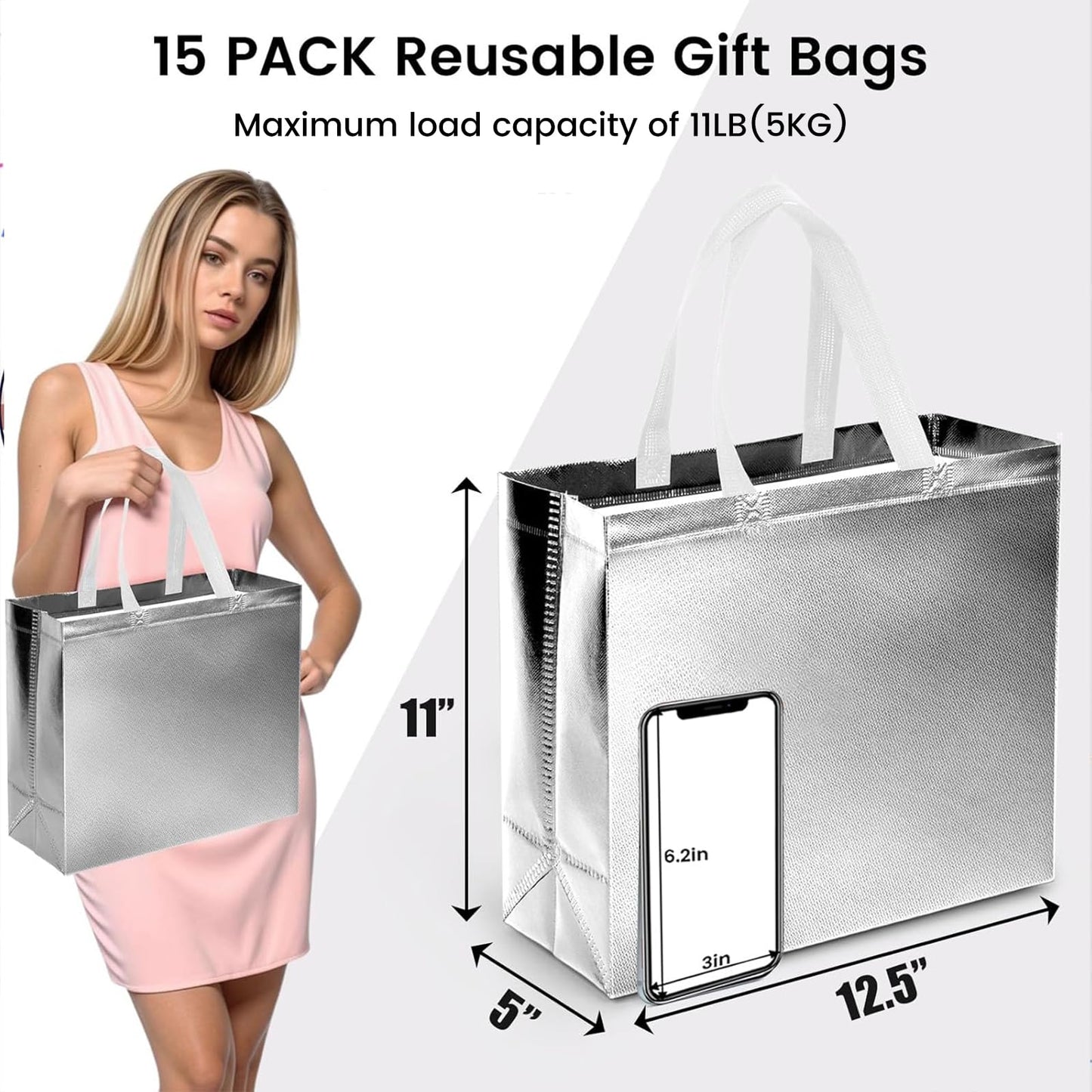VGOODALL 15 Pack Large Gift Bags with Handles, 12.6" x 5" x 11" Silver Reusable Gift Bags Bulk for Birthday Wedding Party Favor