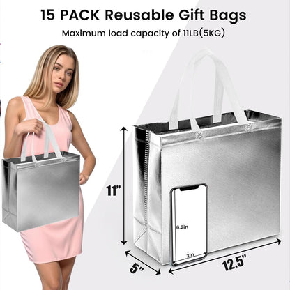 VGOODALL 15 Pack Large Gift Bags with Handles, 12.6" x 5" x 11" Silver Reusable Gift Bags Bulk for Birthday Wedding Party Favor