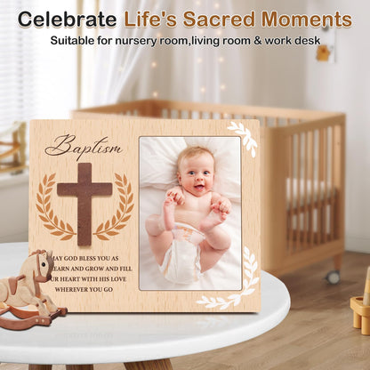 Baptism Picture Frame Gifts,Baptism Gifts for Boys Girls, Christening Baby Gift from Godparents Friends Family,3D Cross Wood Picture Frame(4x6-Vertical)