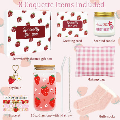 Strawberry Gifts for Women – 8 PCS Aesthetic Stuff Set for Her - Cute Birthday Gifts for Friends - Strawberry Accessories Set Includes Coffee Cup for Galentines Valentines