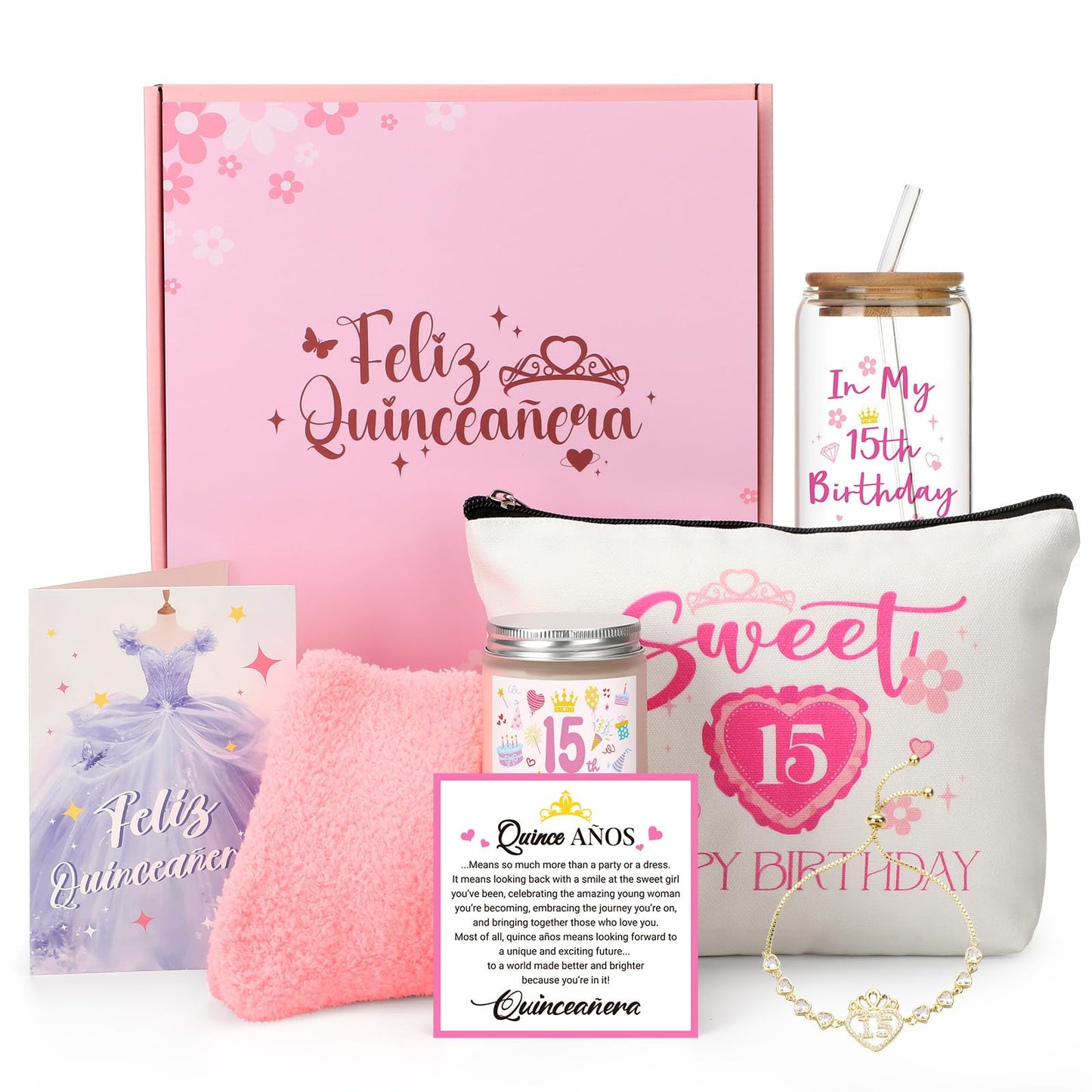 8 Pcs Quinceañera Gifts Set for Girls, 15 Year Old Girl Birthday Decorations 15th Birthday Gifts for Daughter, Granddaughter, Sister, and Niece