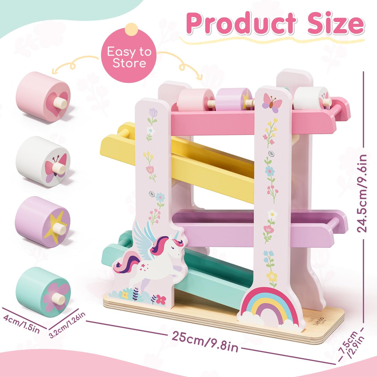Lehoo Castle Wooden Car Ramp Toys for 1 Year Old Girl Birthday Gifts, Unicorn Montessori Toys for One Year Old, Wooden Race Track with 4 Rollers Toddler Toys for 2 Year Old Girl