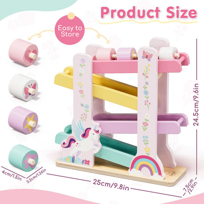 Lehoo Castle Wooden Car Ramp Toys for 1 Year Old Girl Birthday Gifts, Unicorn Montessori Toys for One Year Old, Wooden Race Track with 4 Rollers Toddler Toys for 2 Year Old Girl