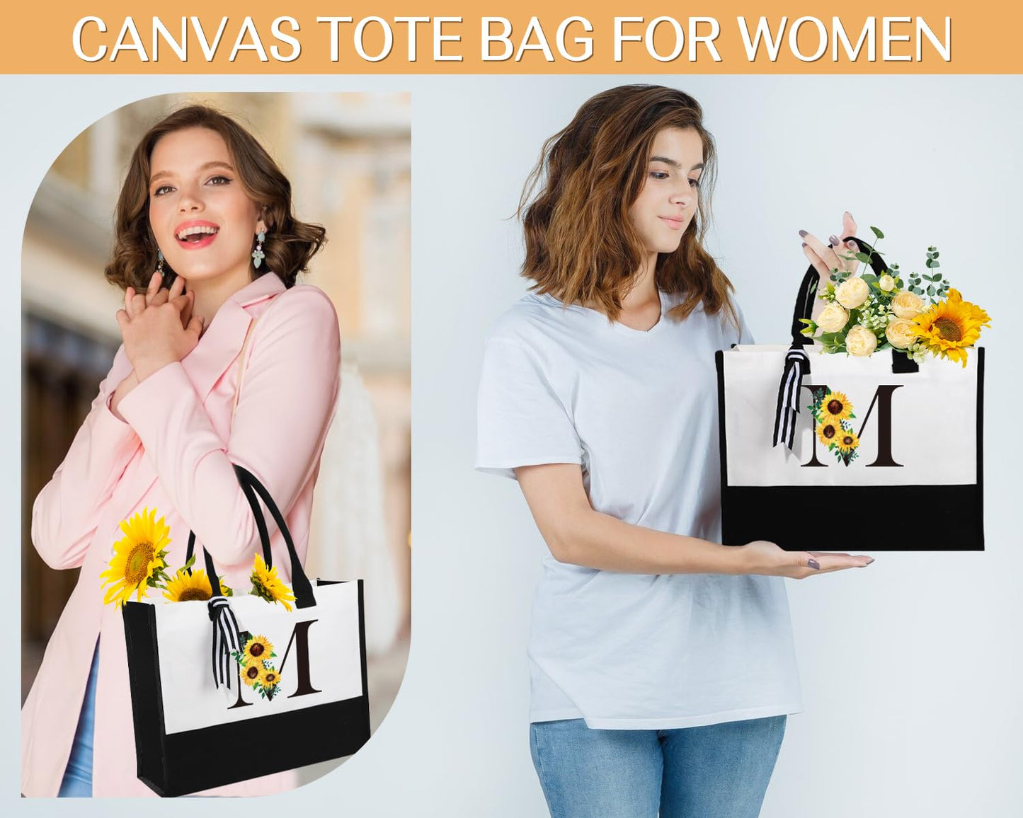 Personalized Gifts for Women, Monogrammed Gifts for Women, Initial Monogram Sunflower Birthday Mothers Day Gift for Mom Sister Best Friends - Monogrammed Canvas Tote Bag & Makeup Bag & Glass Cup M