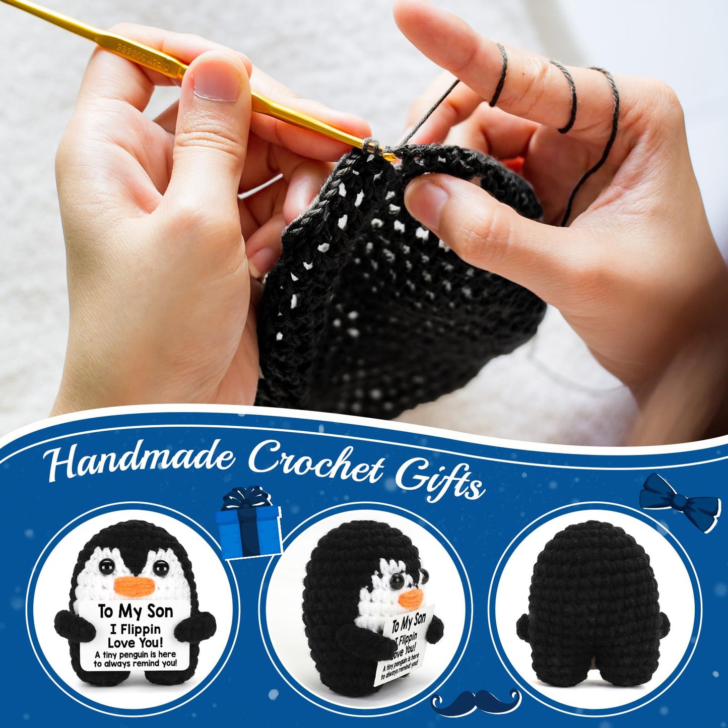 CryCarrot Fathers Day Son Gifts from Mom Dad, Handmade Crochet Mini Penguin Birthday Gift for Son Teen Adult Bonus Step, to My Son Gifts for Birthday, Funny I Love You Son Father's Day Positive Decor