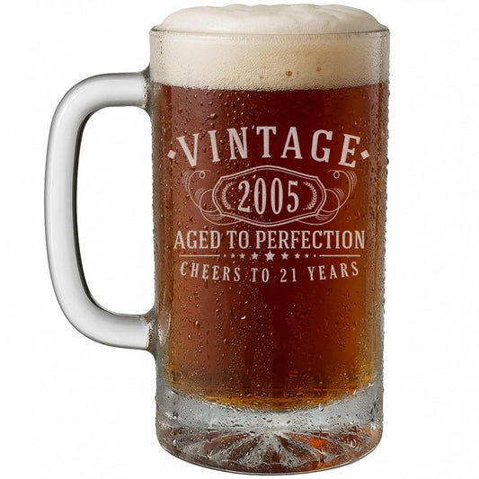 Vintage 2005 Etched 16oz Glass Beer Mug Stein – Happy 21st Birthday Gifts for Him, Decorations Men Women Guy, Turning 21 Year Old, Bday Party Favors Supplies, Finally 21 Best Gift Idea Son 1.0