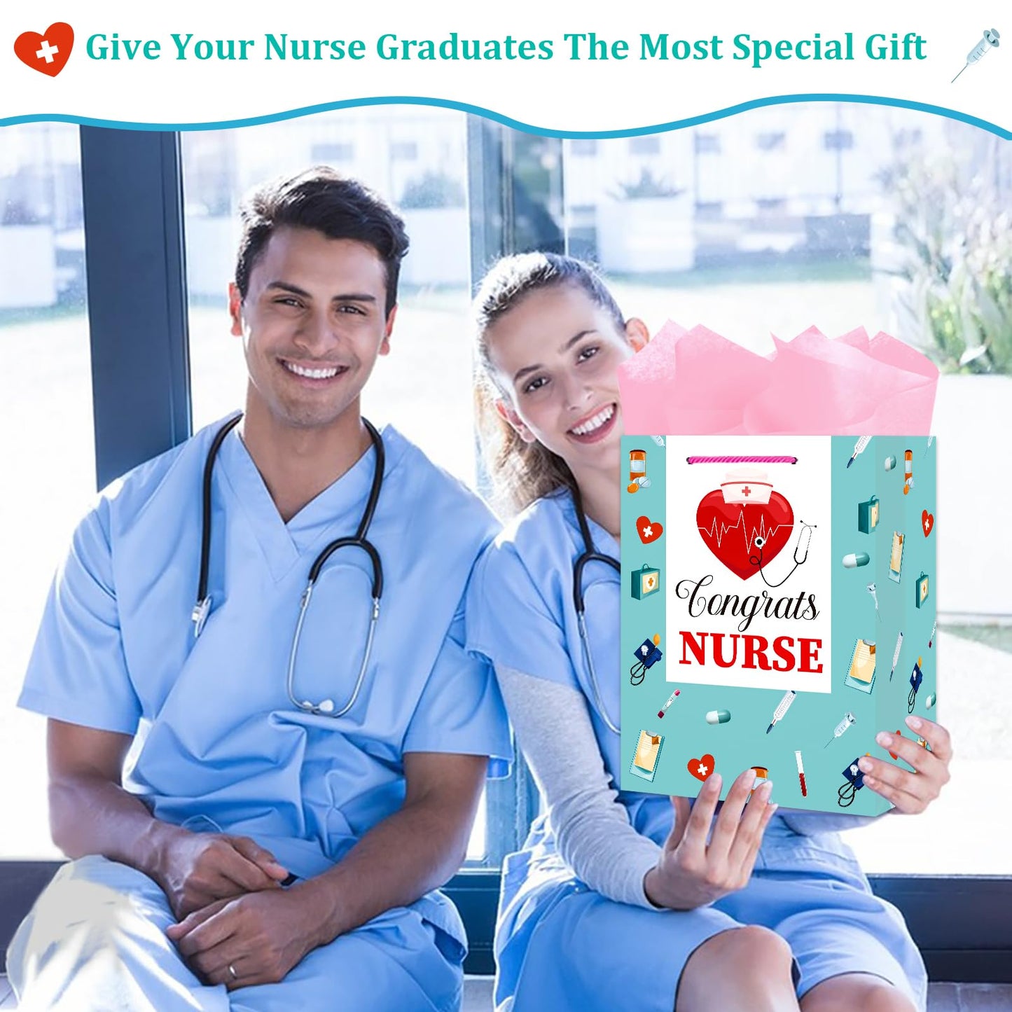 BIZIBAFF Nurse Graduation Gifts Bag - 13" Large Nursing School Gift Bag for Her Women Congrats Nurses Wrap Paper Bag for New Nurse Party Favor Bag with Tissue Paper