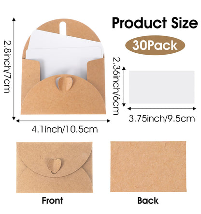 30Pcs Mini Envelopes with Blank Cards - 4.1x2.8 Inch Paper Gift Card Holders, Tiny Heart Clasp Envelopes for Wedding Party Favors, Business & Greeting Cards
