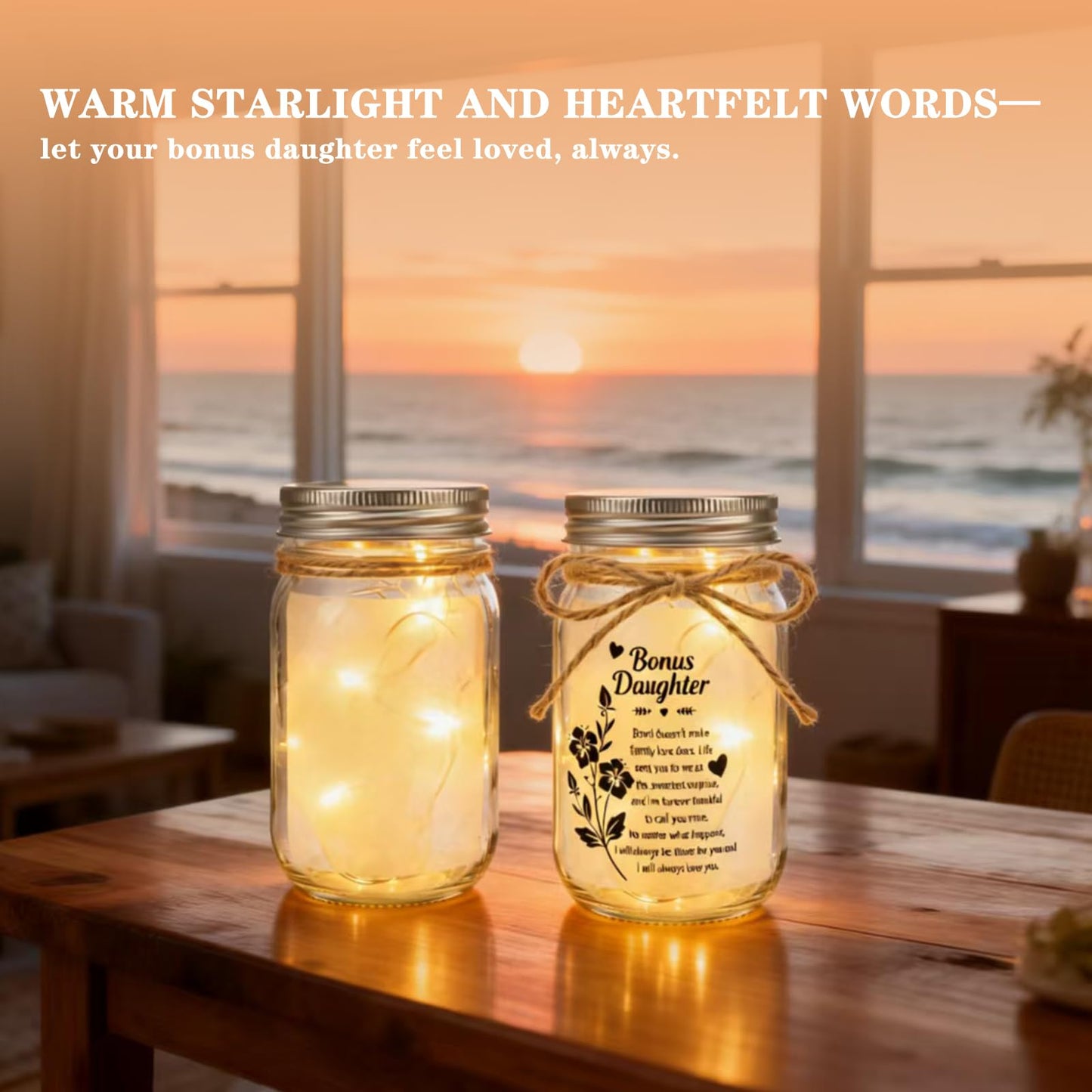 Bonus Daughter Mason Jar Night Light, Bonus Daughter Birthday Gifts from Stepmom, Step Daughter Gifts, Best Step Daughter Gift Idea for Birthday Christmas Comfort Decor