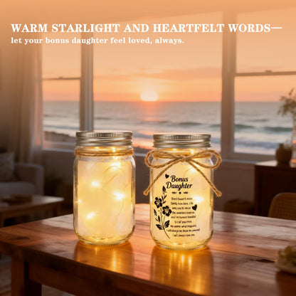 Bonus Daughter Mason Jar Night Light, Bonus Daughter Birthday Gifts from Stepmom, Step Daughter Gifts, Best Step Daughter Gift Idea for Birthday Christmas Comfort Decor