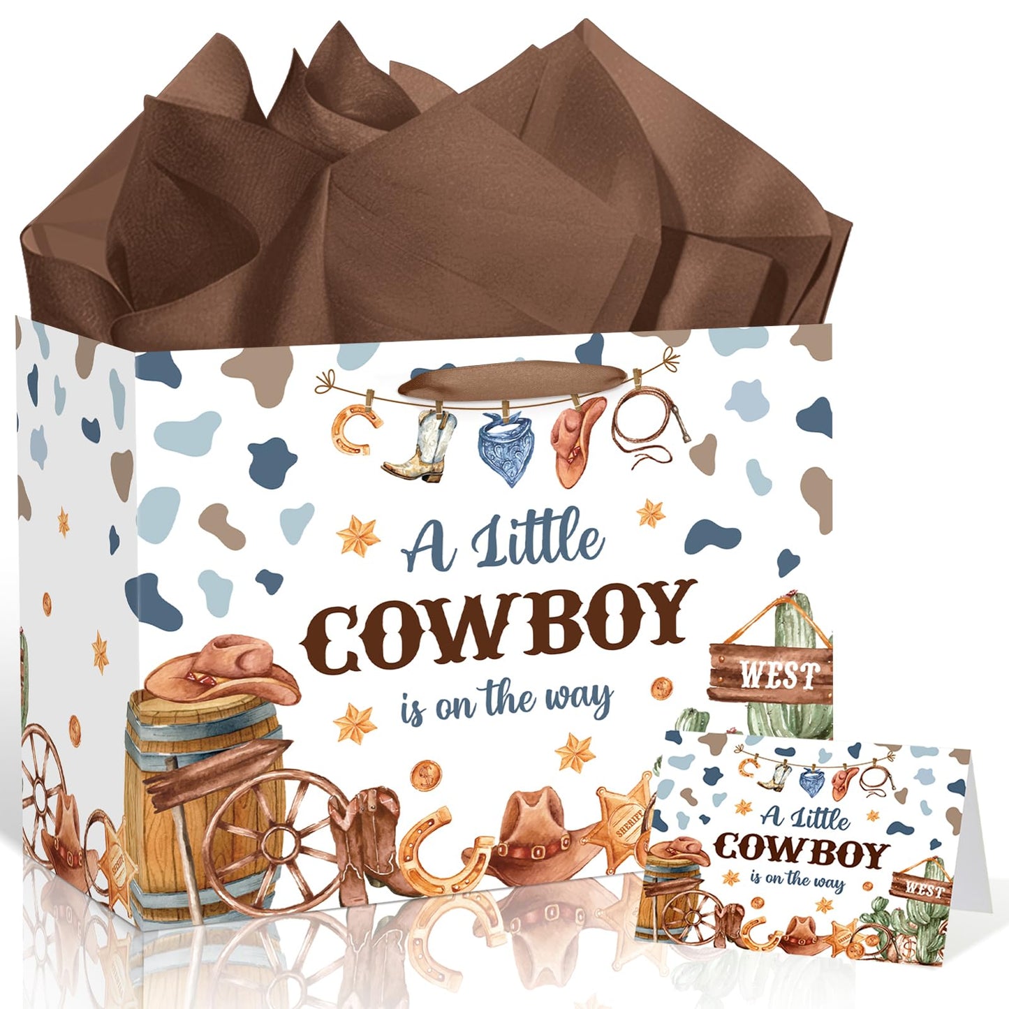 Frakron Cowboy Baby Shower Birthday Gift Bag for Baby Boys A Little Cowboy is On The Way Bag with Wrapping Paper Card Western Rodeo Gift Bag for Wild West Baby Shower Birthday Party Supplies