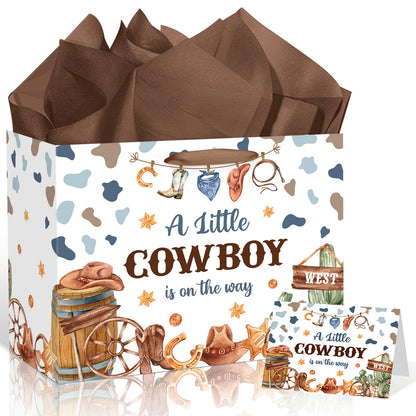 Frakron Cowboy Baby Shower Birthday Gift Bag for Baby Boys A Little Cowboy is On The Way Bag with Wrapping Paper Card Western Rodeo Gift Bag for Wild West Baby Shower Birthday Party Supplies