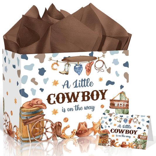 Frakron Cowboy Baby Shower Birthday Gift Bag for Baby Boys A Little Cowboy is On The Way Bag with Wrapping Paper Card Western Rodeo Gift Bag for Wild West Baby Shower Birthday Party Supplies