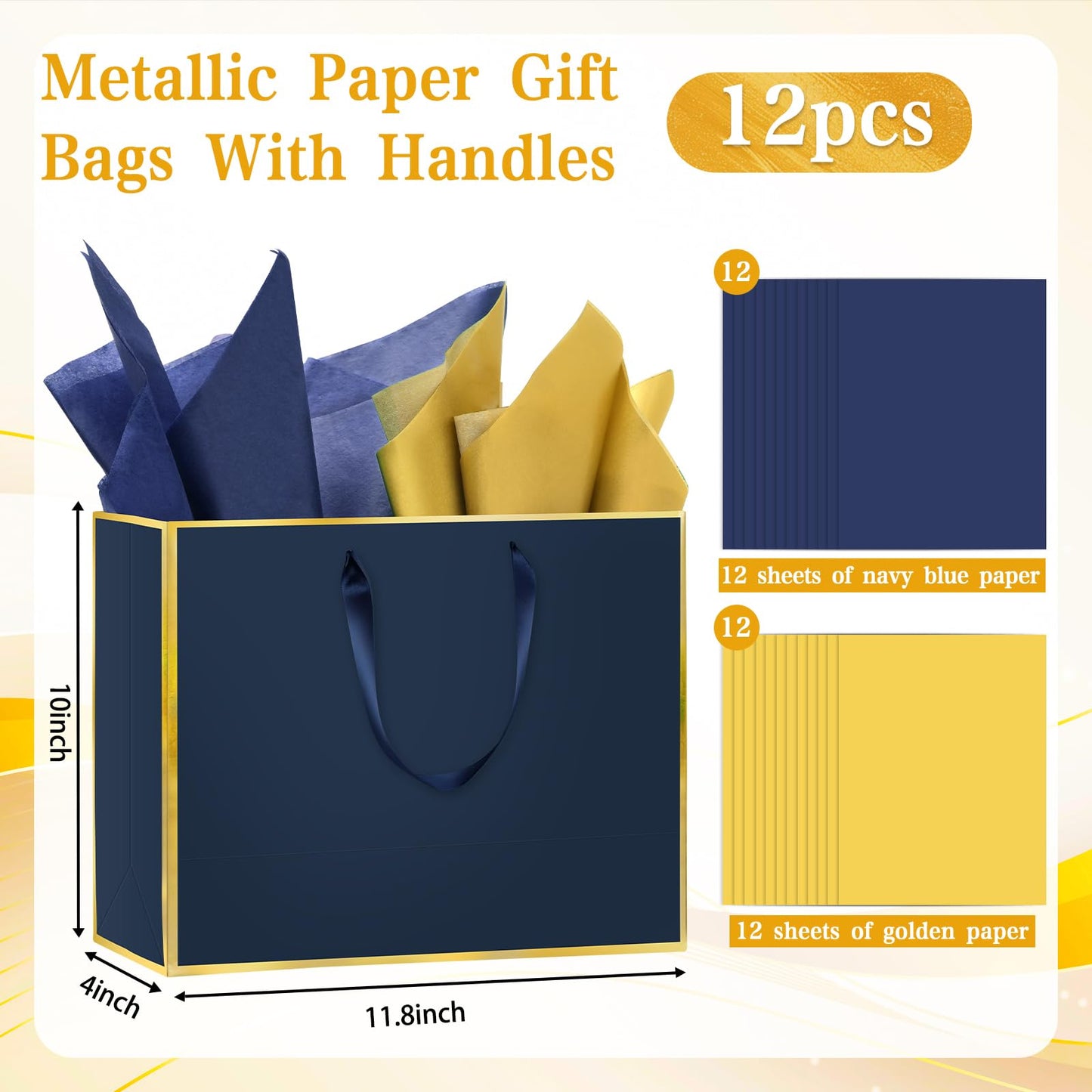 Epoesch 12 Pack Navy Blue Gift Bags with Handles – Includes 24 Tissue Paper – 11.8"x10"x4" – Elegant 5 Senses Gift Bags for Wedding, Bridesmaids, Groomsmen, Guests, Father's Day, Holidays (Navy Blue, Gold)