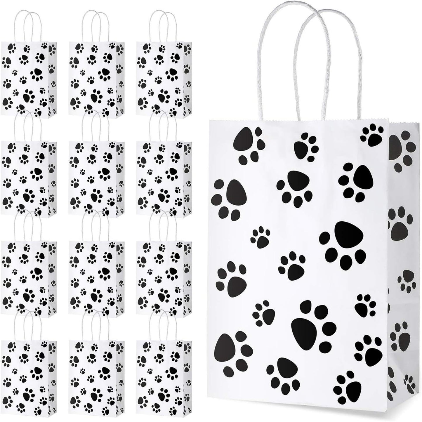 Blulu 50 Pcs Dog Gift Bags 6.3 x 3.1 x 8.6 Inch Paw Dog Treat Goodie Bag with Paper Twist Handles for Puppy Pet Party Favors Paw Print Party Supplies(Black)