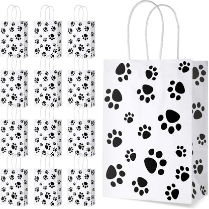 Blulu 50 Pcs Dog Gift Bags 6.3 x 3.1 x 8.6 Inch Paw Dog Treat Goodie Bag with Paper Twist Handles for Puppy Pet Party Favors Paw Print Party Supplies(Black)