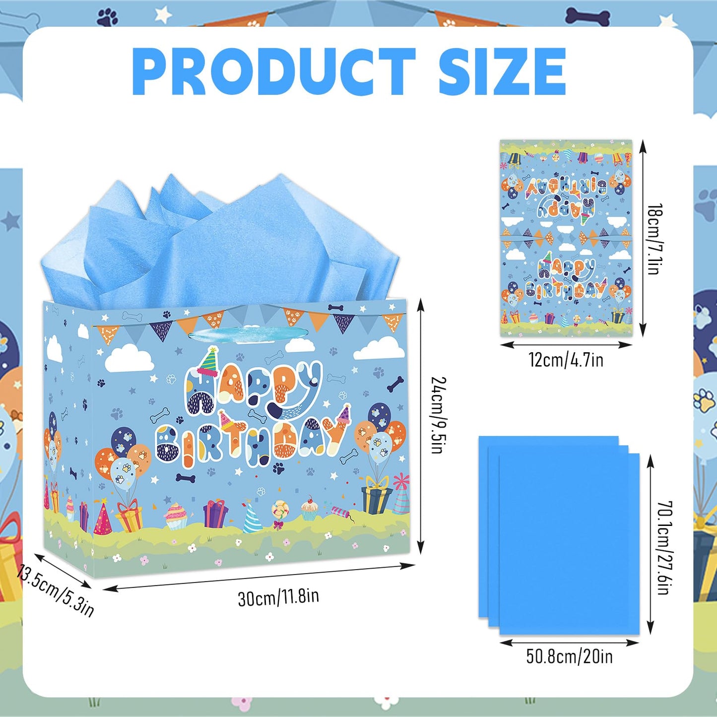 HZRNNA Blue Paw Print Gift Bag, Large Dog Birthday Gift Bag with Tissue Paper and Card, Dog Themed Birthday Decorations for Boys, Newborn, Baby Shower Party Supplies