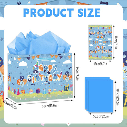 HZRNNA Blue Paw Print Gift Bag, Large Dog Birthday Gift Bag with Tissue Paper and Card, Dog Themed Birthday Decorations for Boys, Newborn, Baby Shower Party Supplies