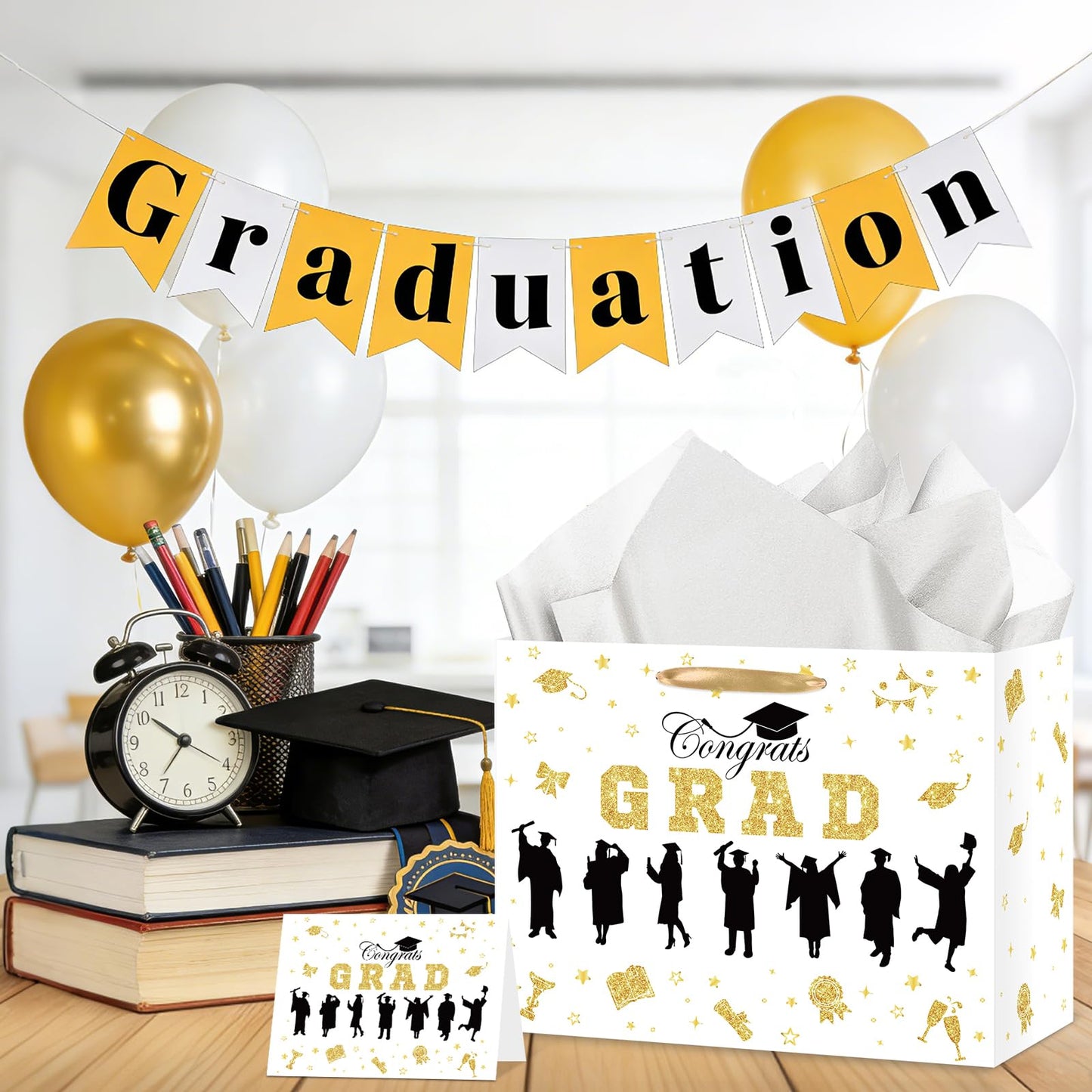 Graduation Gift Bag Class of 2026 Congrats Grad Gift Bag with Tissue Paper and Card Happy Graduation Wrapping Paper Bag for High School College University Gold Glitter Silhouette Theme Decorations