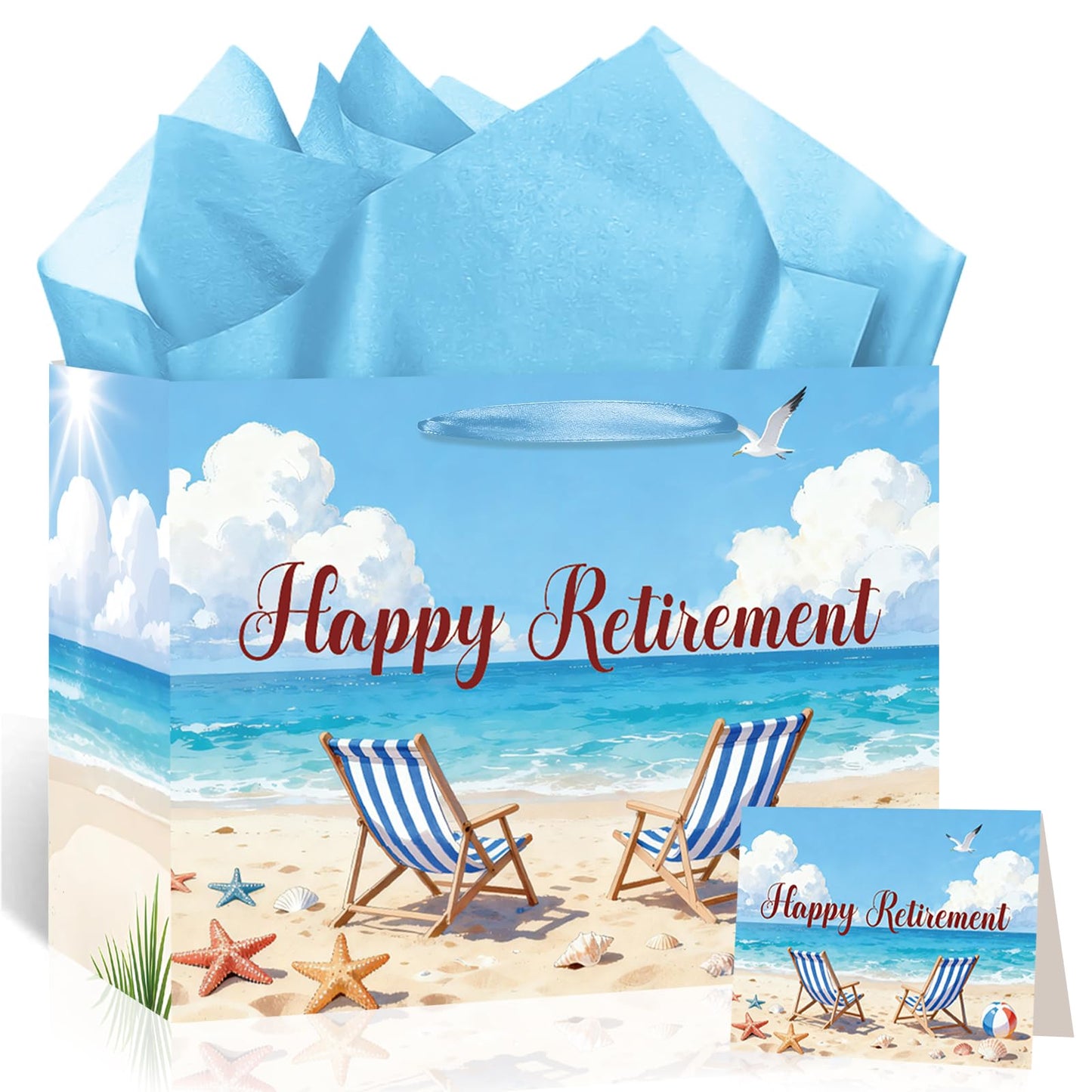 Happy Retirement Gift Bag Summer Hawaiian Beach Funny Retired Gift Bags with Card and Tissue Paper Seaside Vacation Theme Retirement Decor for Women Men Coworker Farewell Going Away Party Supplies
