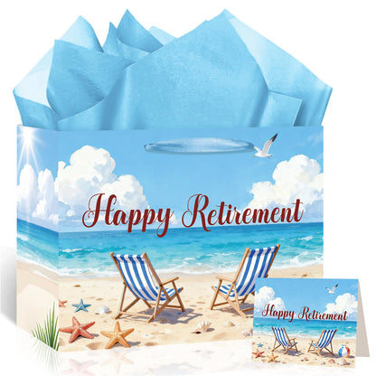 Happy Retirement Gift Bag Summer Hawaiian Beach Funny Retired Gift Bags with Card and Tissue Paper Seaside Vacation Theme Retirement Decor for Women Men Coworker Farewell Going Away Party Supplies