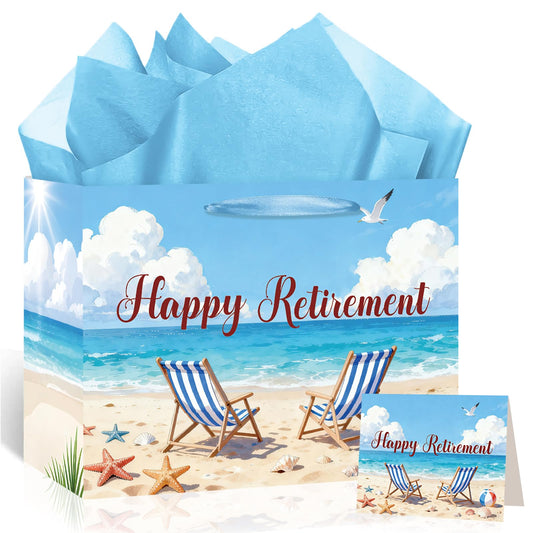 Happy Retirement Gift Bag Summer Hawaiian Beach Funny Retired Gift Bags with Card and Tissue Paper Seaside Vacation Theme Retirement Decor for Women Men Coworker Farewell Going Away Party Supplies