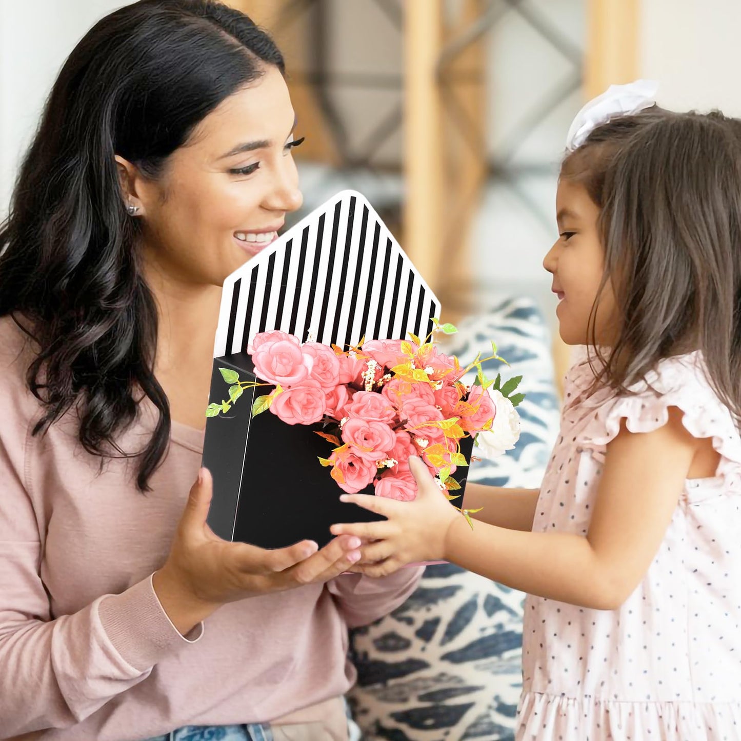 FYSUIMU 9Pcs Mother's Day Floral Envelope Box Empty Flower Stripe Paper Box Florist Bouquet Packaging Box for Valentine's Day Wedding Birthday Party Arrangements, Black