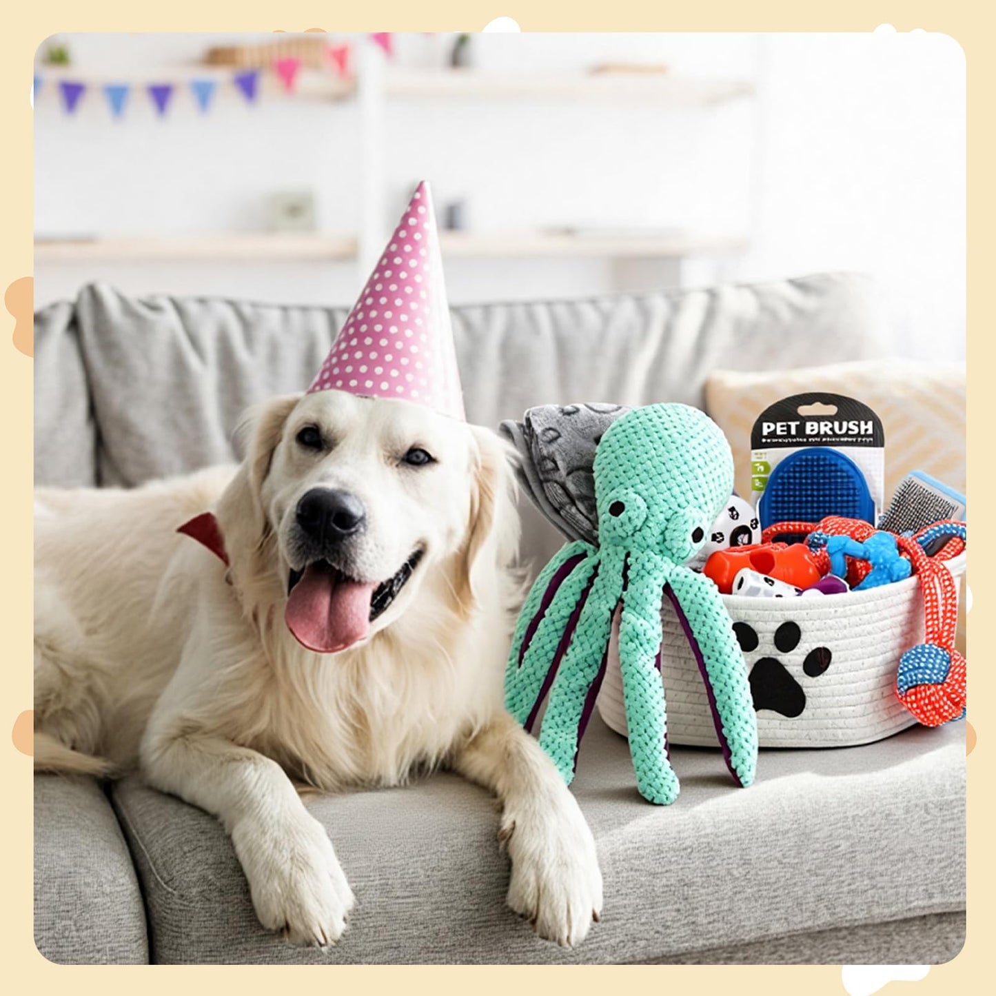 Zopeal 17 Pcs Summer Puppy Gift Set, Dog Toy & Essentials Bundle with Chew Toys, Poop Bag Dispenser, Grooming Brush, Training Bell, Blanket & Rope Basket(Octopus)