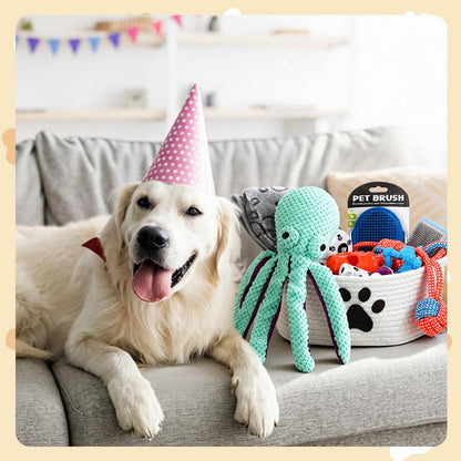 Zopeal 17 Pcs Summer Puppy Gift Set, Dog Toy & Essentials Bundle with Chew Toys, Poop Bag Dispenser, Grooming Brush, Training Bell, Blanket & Rope Basket(Octopus)