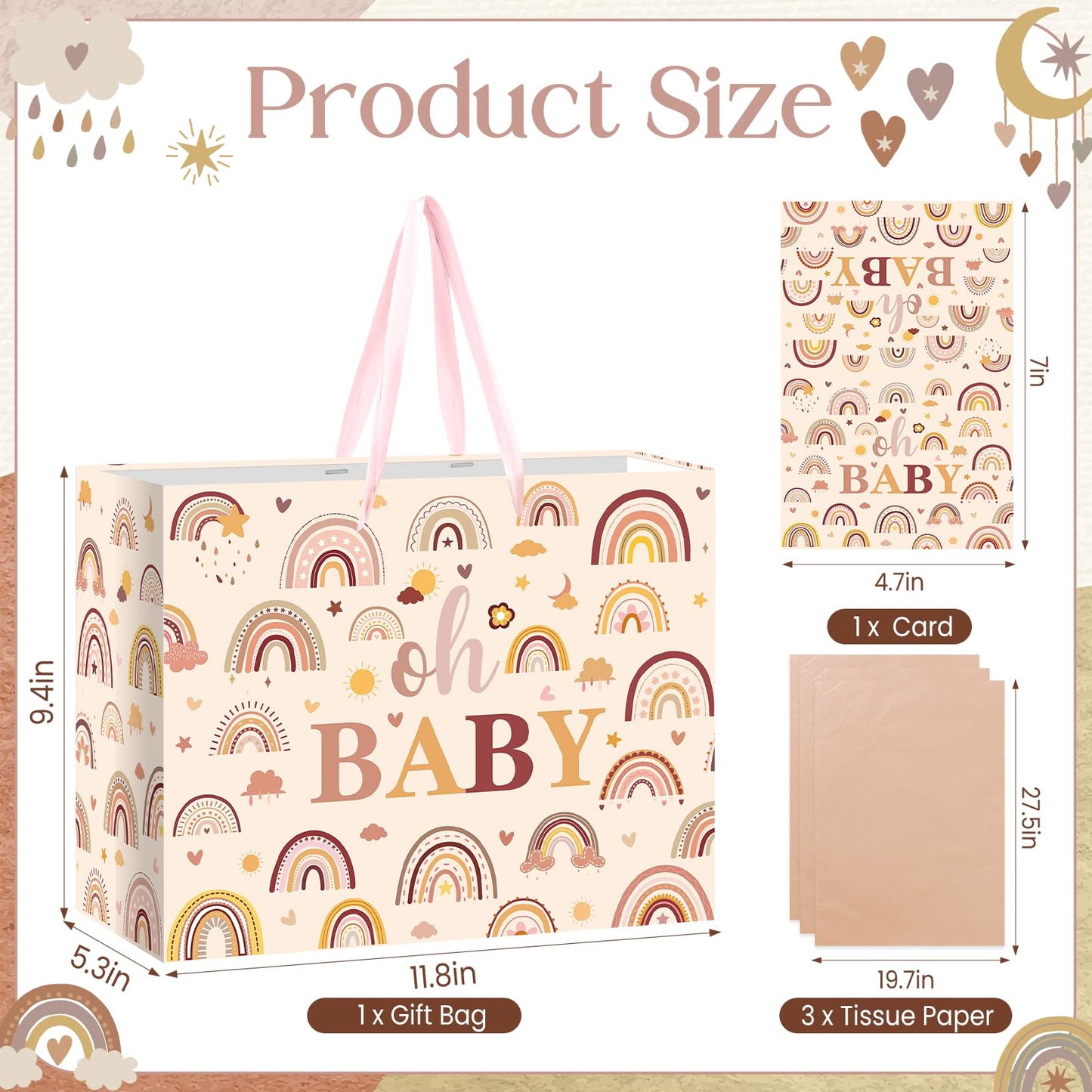 Woosytoo Boho Rainbow Baby Gift Bag for Girls, Hippie Boho Baby Shower Wrapping Paper Bag with Tissue Paper and Card for Little One Congratulations Gifts Gender Reveal Newborn Party Favors