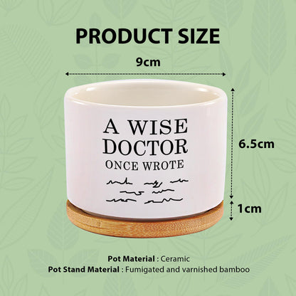 A Wise Doctor Once Wrote Ceramic Succulent Plant Pot with Tray Doctor Gifts Home Office Decor Indoor Plant Dr Graduation Gift 3.5 Inch White (No Plants) (with Bamboo Tray)