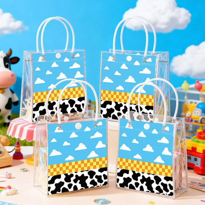 Wood Homing 24PCS Cartoon Story PVC Clear Gift Bag with Handle, Blue Sky White Cloud Cow Reusable Plastic Party Favor Bags for Kids, Toy Inspire Game Themed Goodie Bags Baby Shower Birthday Decoration