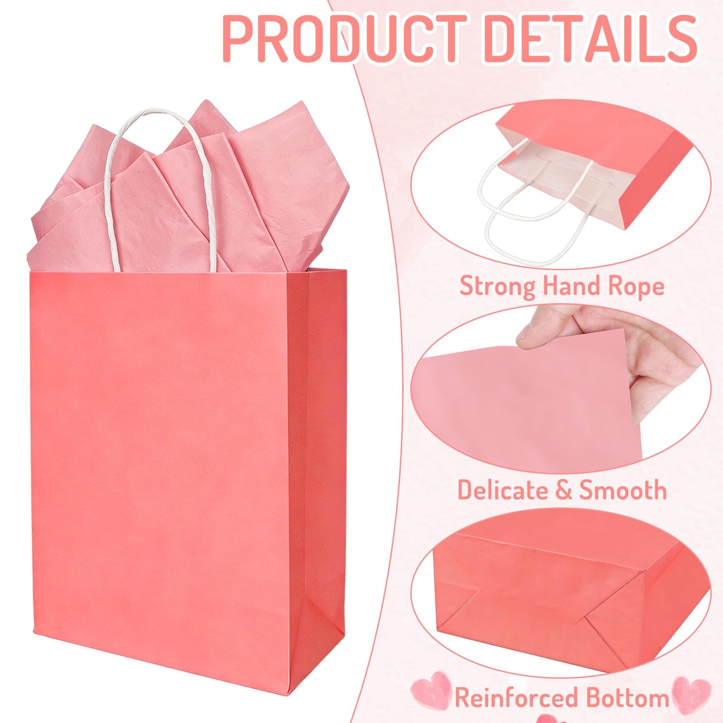 Whaline 24 Pcs Valentine's Day Gift Bags Valentines Kraft Paper Bags with Tissue Paper Gradient Red Pink Party Favor Bag Treat Goodie Bag for Anniversary Wedding Gift Giving Classroom Exchange Prizes