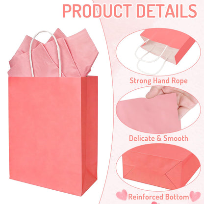 Whaline 24 Pcs Valentine's Day Gift Bags Valentines Kraft Paper Bags with Tissue Paper Gradient Red Pink Party Favor Bag Treat Goodie Bag for Anniversary Wedding Gift Giving Classroom Exchange Prizes