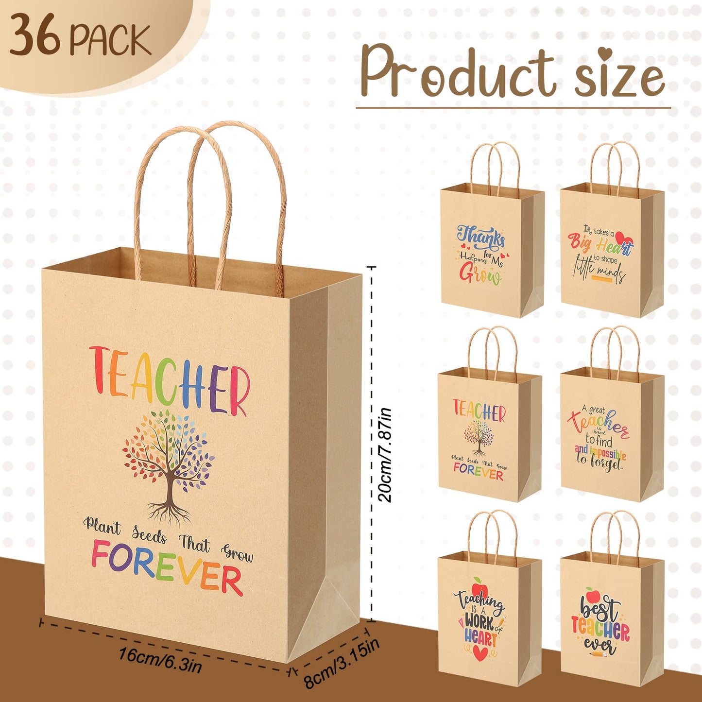 PerKoop 36 Pcs Teacher Appreciation Gift Paper Bag with Handles, Thank You Teacher Treat Present Bags for Teacher Appreciation Week, Birthday, Christmas Supplies(Kraft)