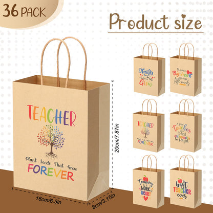 PerKoop 36 Pcs Teacher Appreciation Gift Paper Bag with Handles, Thank You Teacher Treat Present Bags for Teacher Appreciation Week, Birthday, Christmas Supplies(Kraft)