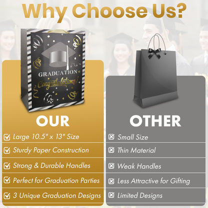 Iconikal 3-Pack Graduation Gift Bags, Large 10.5x13x5.5 Inch, Foil Embellished Designs
