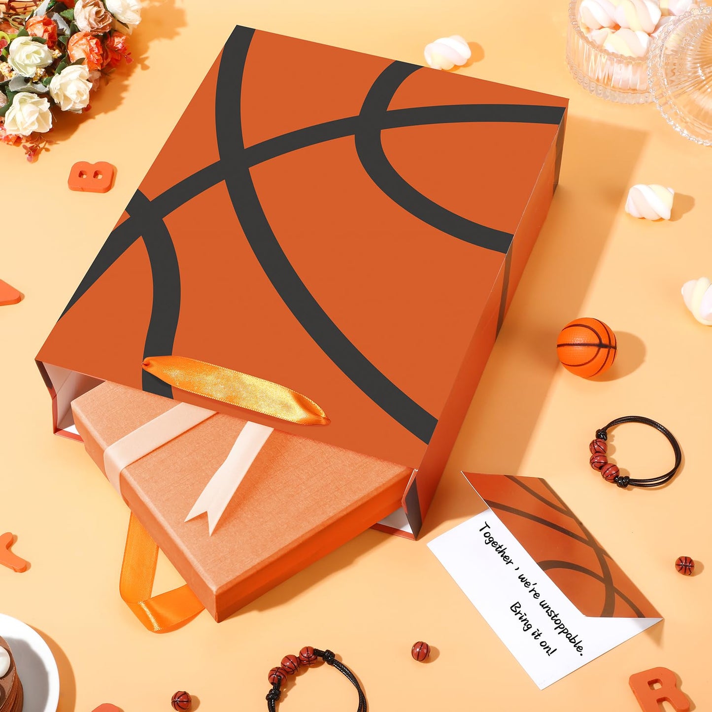 Basketball Party Gift Bag Orange Basketball Gift Wrap Bags with Tissue Paper Greeting Card Decorations for Sport Party Favor Basketball Birthday Goodie Gifts Wrapping Bags for Boys Teens Team Supplies