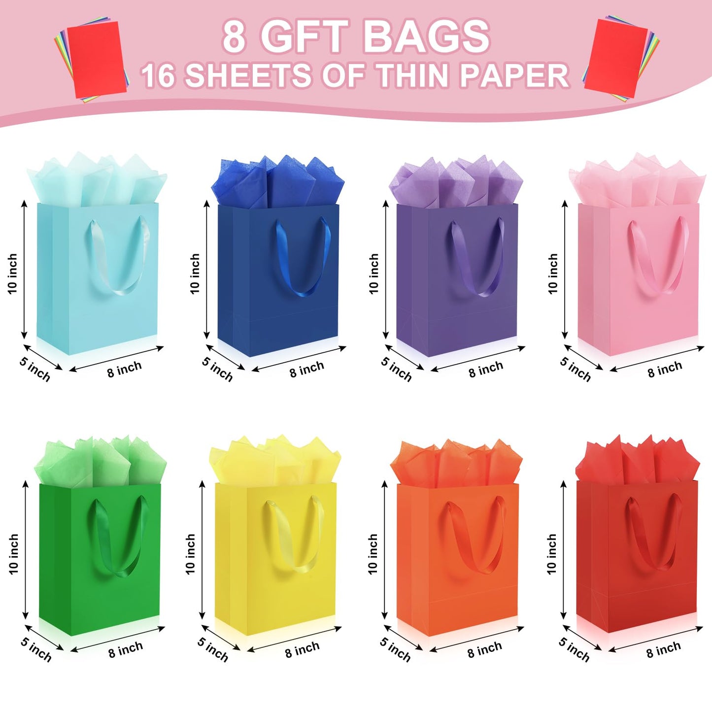 Epoesch 4 Pack Pink Gift Bags Handles and 8 Tissue Paper, Medium Size 8 X 5 X10 Inch Paper Bag for Birthday Party, Baby Shower, Wedding Favors or Mother's Day